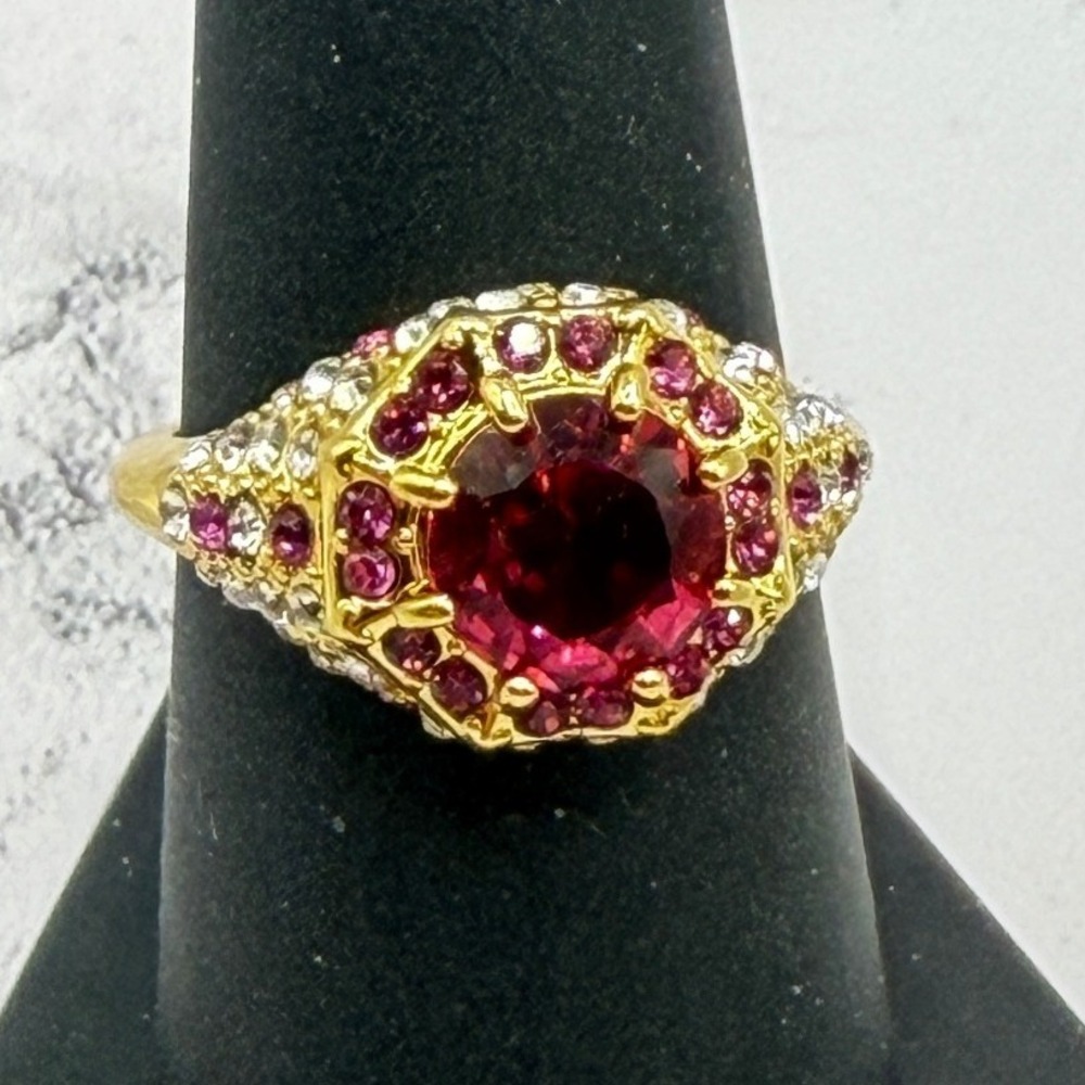 Ring Size 8.25 Deep Pink Stone Halo Cocktail Ring New Gold Tone VIDEO